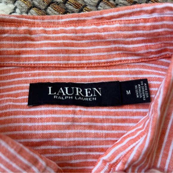 Ralph Lauren, 100% linen striped tie front shirt, medium, coral color - Picture 3 of 7
